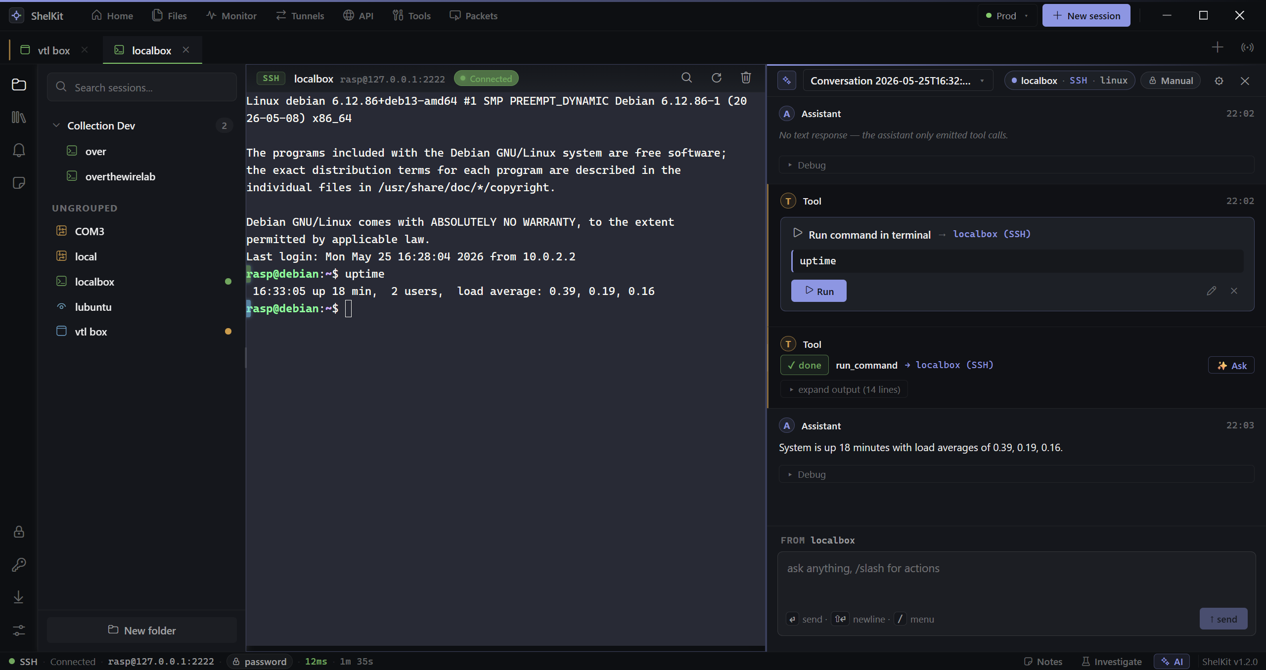 ShelKit AI panel proposing a run_command tool call against a target host, with a Run / Edit / Reject consent card.
