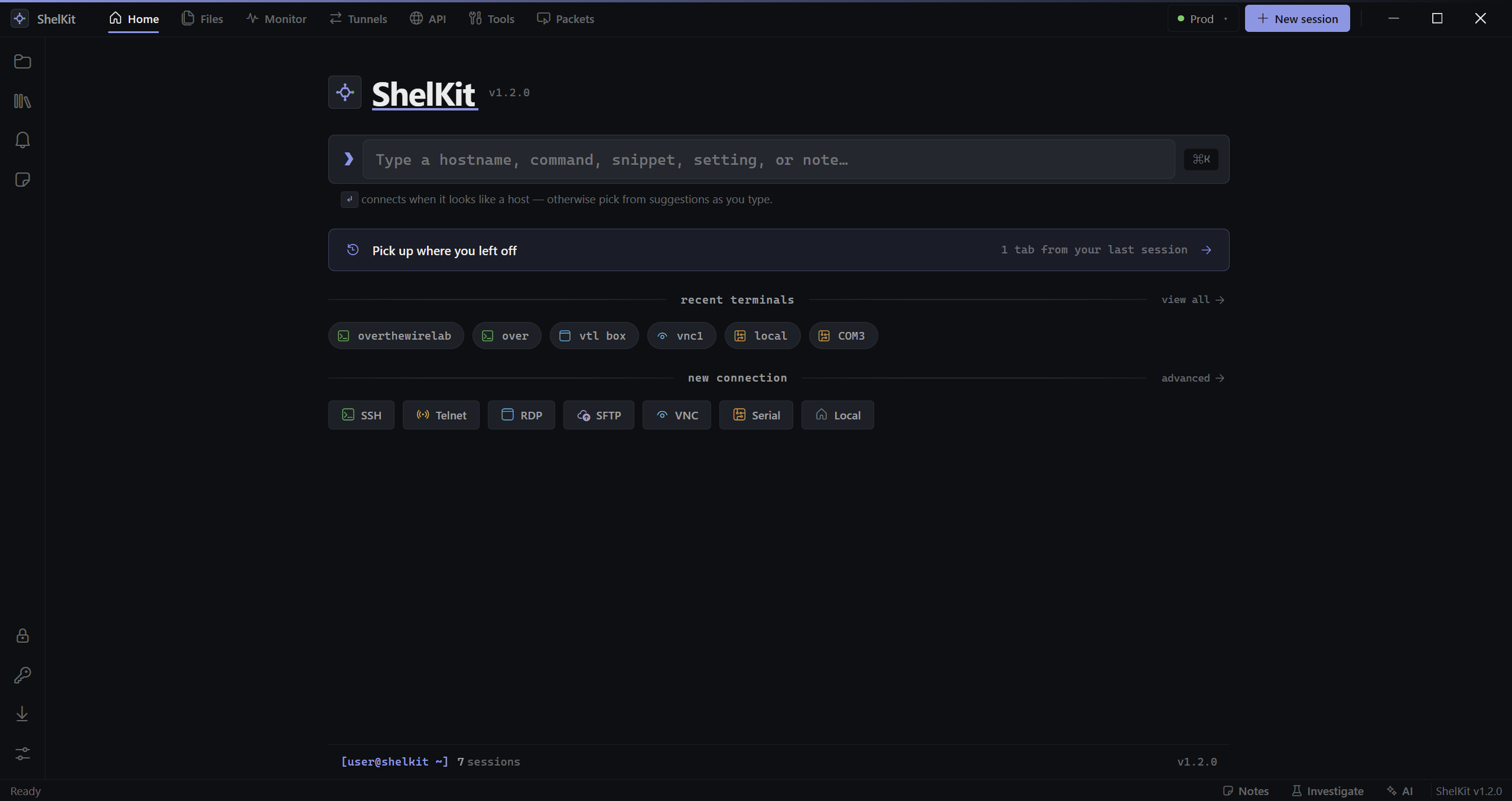 The ShelKit home screen: a command palette, recent terminals, and a new-connection picker for SSH, Telnet, RDP, SFTP, VNC, Serial, and Local.