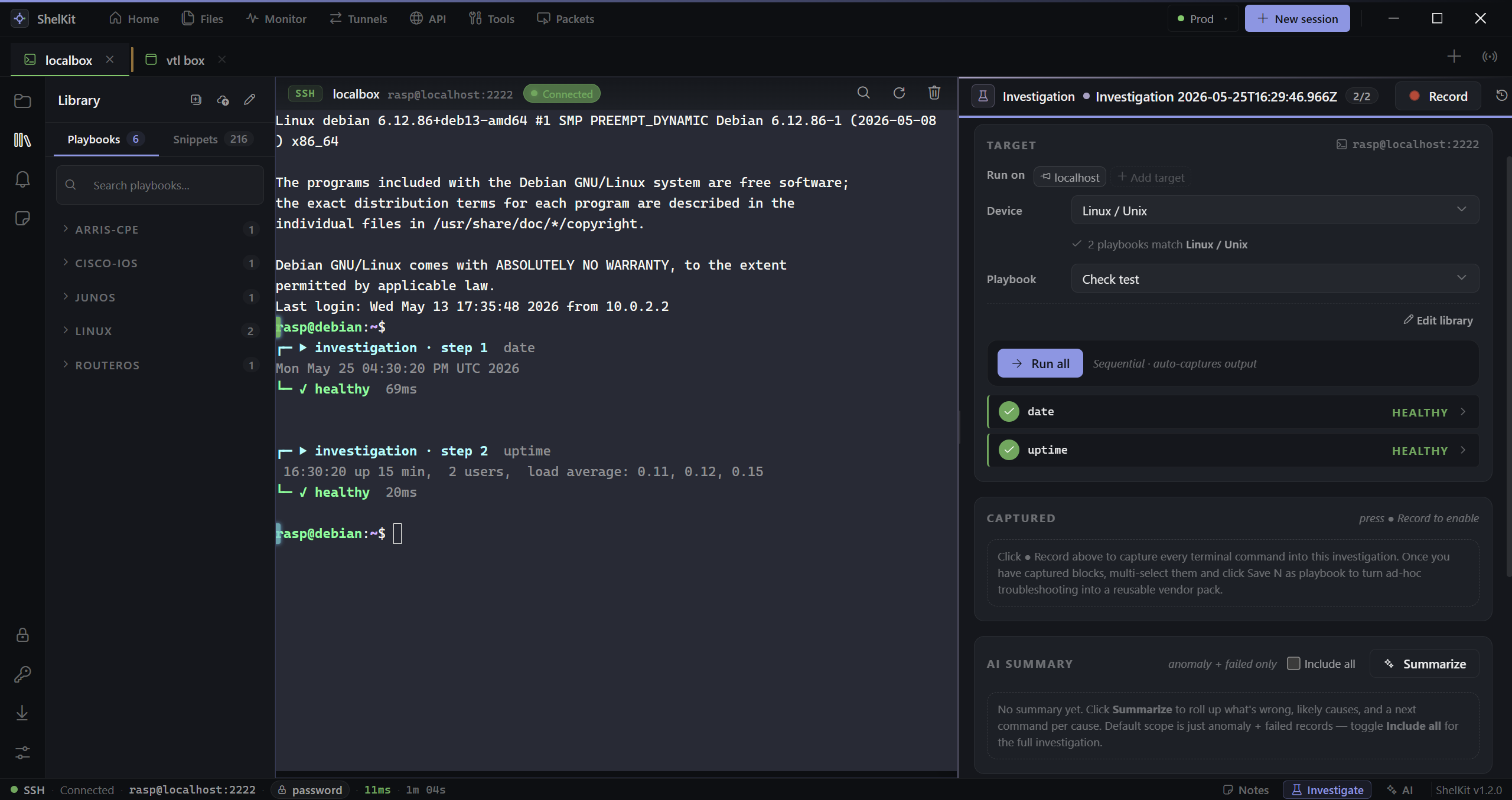 The Investigate panel running a health-check playbook against an SSH host. Two steps show green HEALTHY chips; captured output and an AI summary are below.