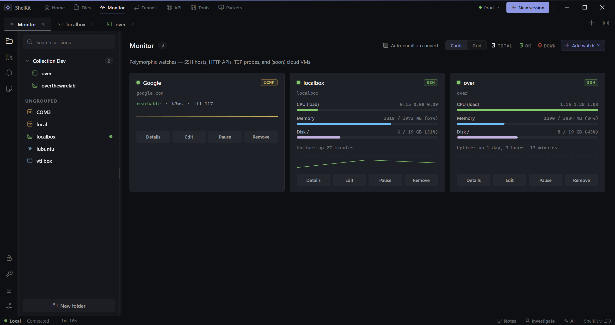 The Monitor view: an ICMP google.com probe, an SSH host-stat watch on localbox with CPU / memory / disk bars, and an SSH host-stat watch on overthewirelab.