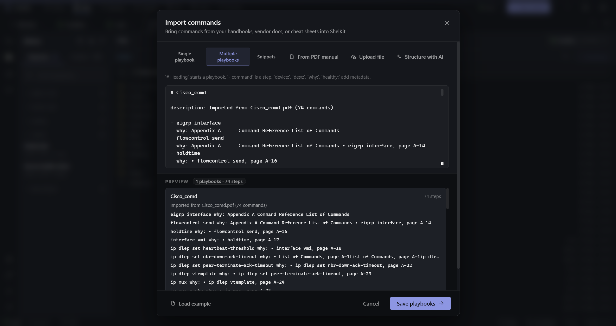 Playbook importer parsing commands out of a vendor PDF via an LLM, each detected command a checklist row.
