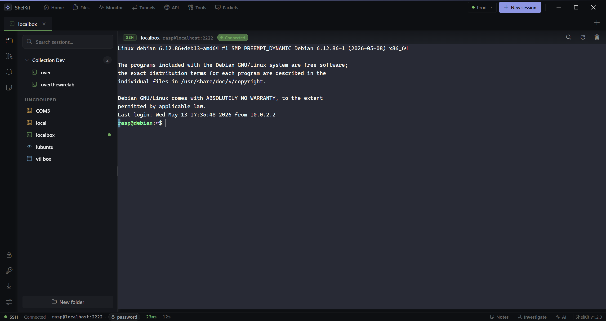 An SSH session connected to a Debian host, with the session sidebar showing other saved sessions.