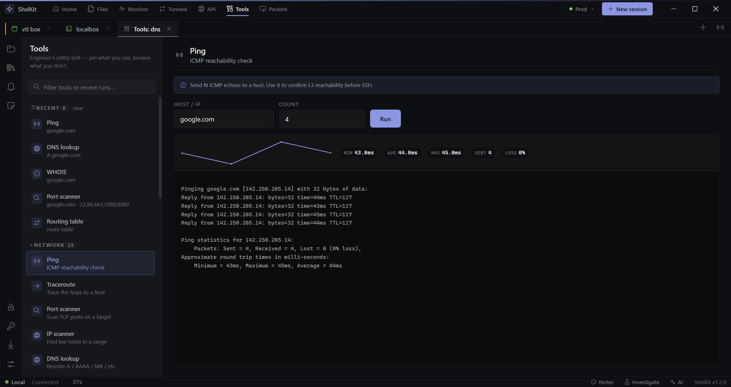 Tools view with the Ping sub-tool: a host input, a count picker, and a chart of RTT readings over time.