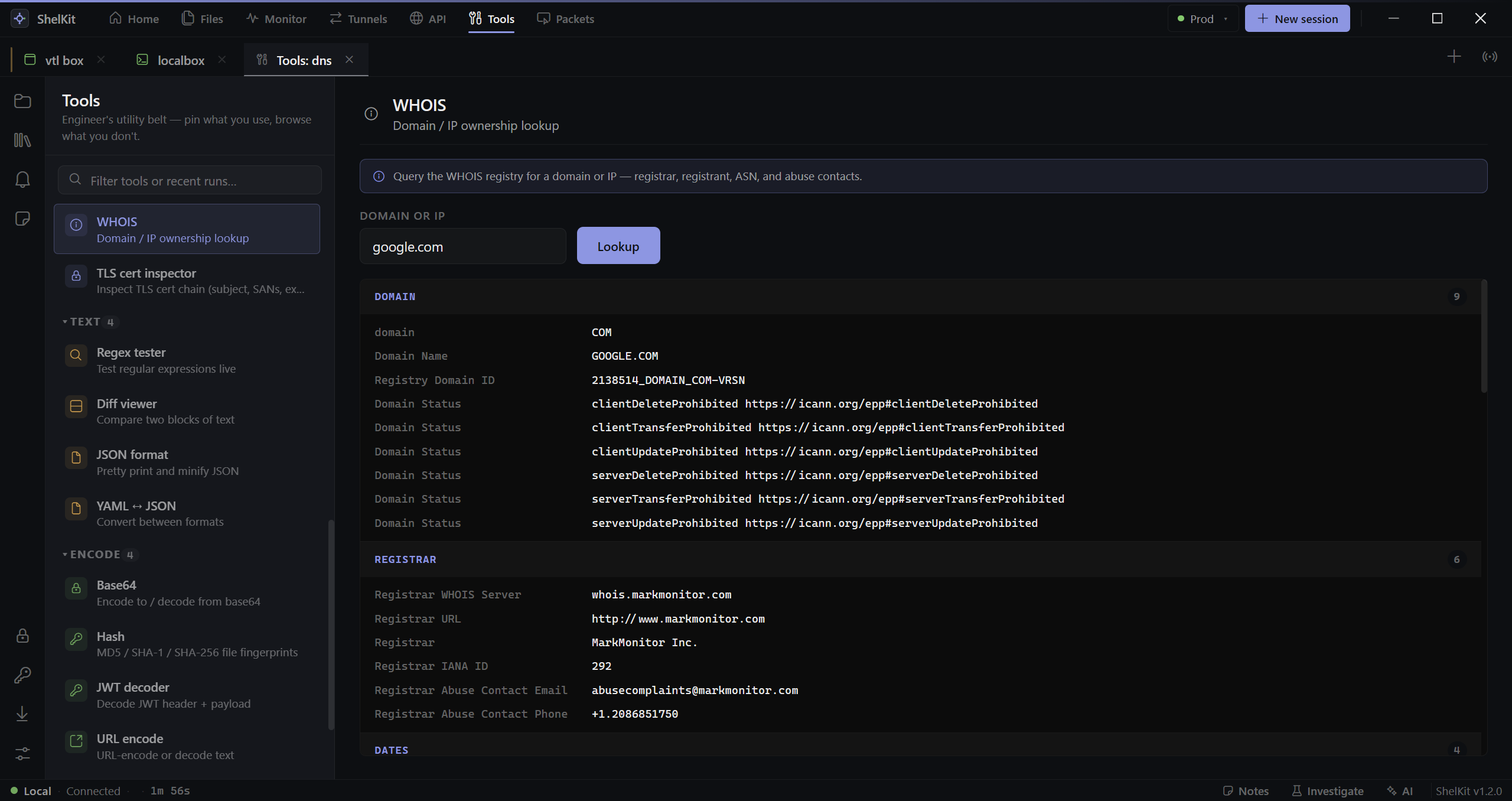 Tools view with a TLS certificate inspector showing issuer, subject, SANs, expiry, and fingerprint.